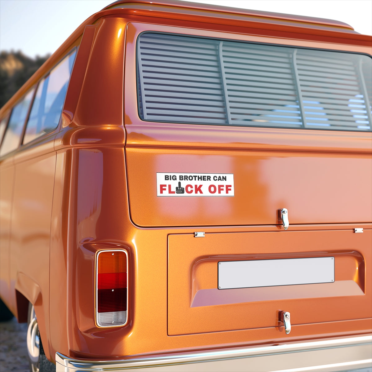 Big Brother Can Flock Off Bumper Sticker - on the rear panel of a van, shown at true 11" x 3" scale