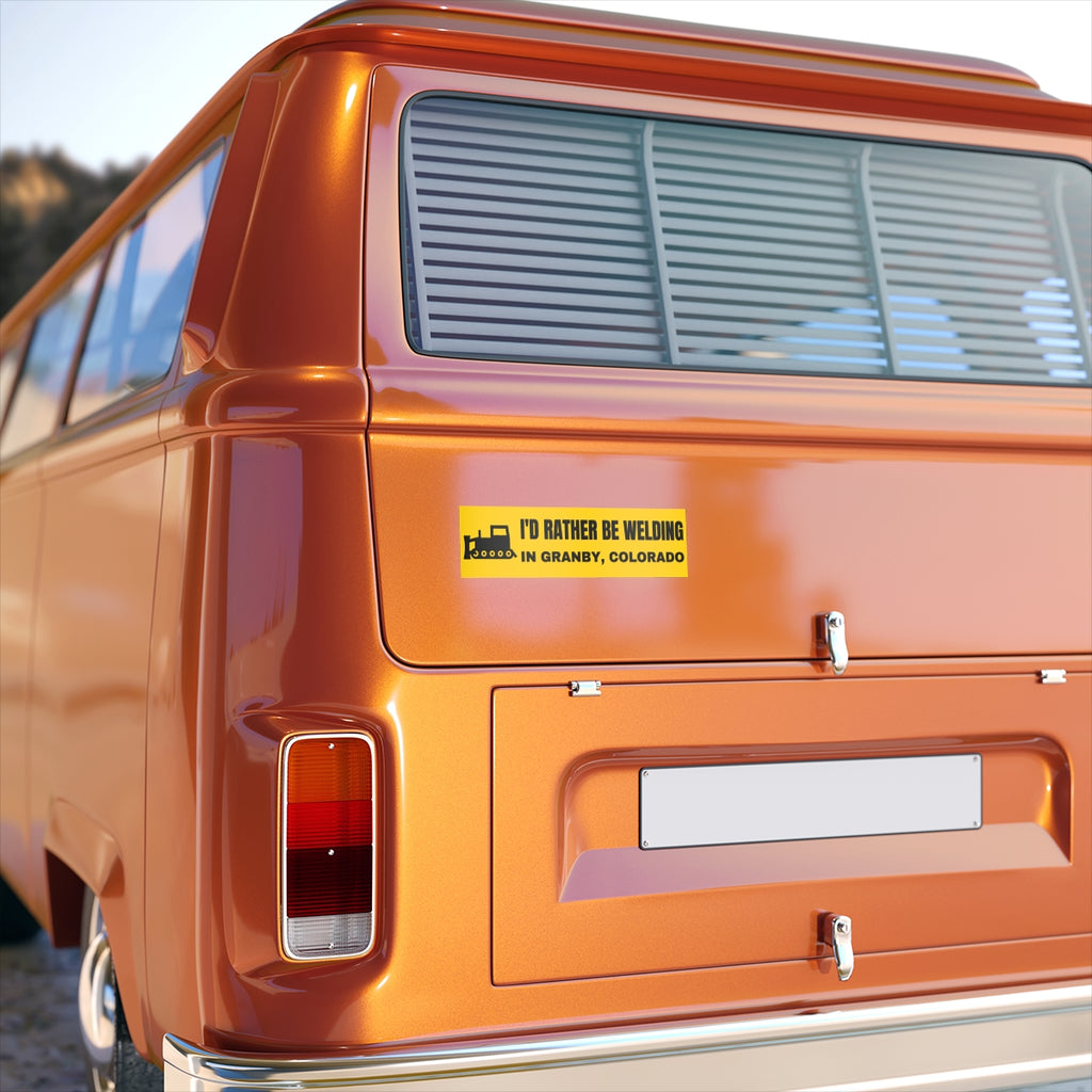I'd Rather Be Welding in Granby, Colorado Bumper Sticker - on the rear panel of a van, shown at true 11" x 3" scale
