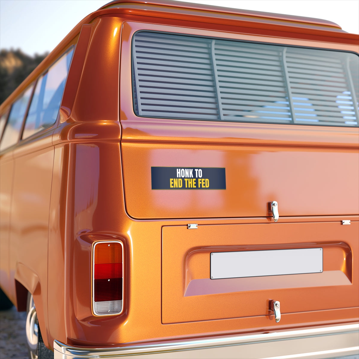 Honk to End the Fed Bumper Sticker - on the rear panel of a van, shown at true 11" x 3" scale