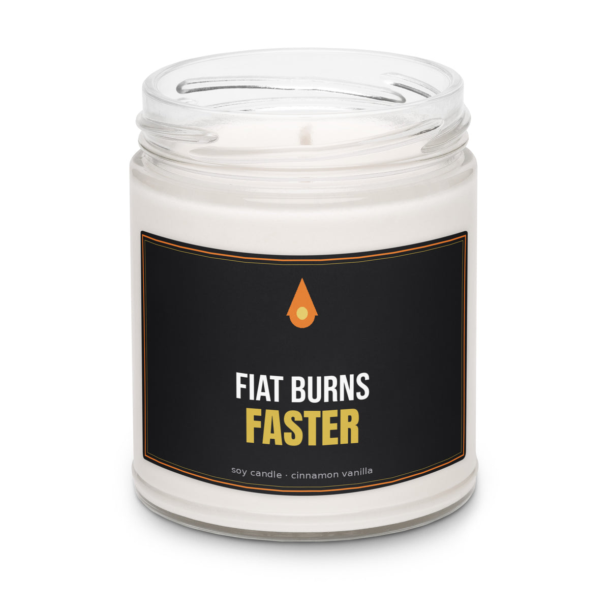 Fiat Burns Faster soy candle — alternate angle