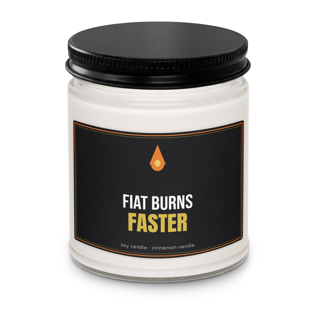 Fiat Burns Faster soy candle — front label mockup
