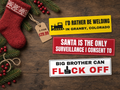 Stocking Stuffer 3-Pack: Granby, Santa Is the Only Surveillance I Consent To, and Big Brother Can Flock Off (design mockup)